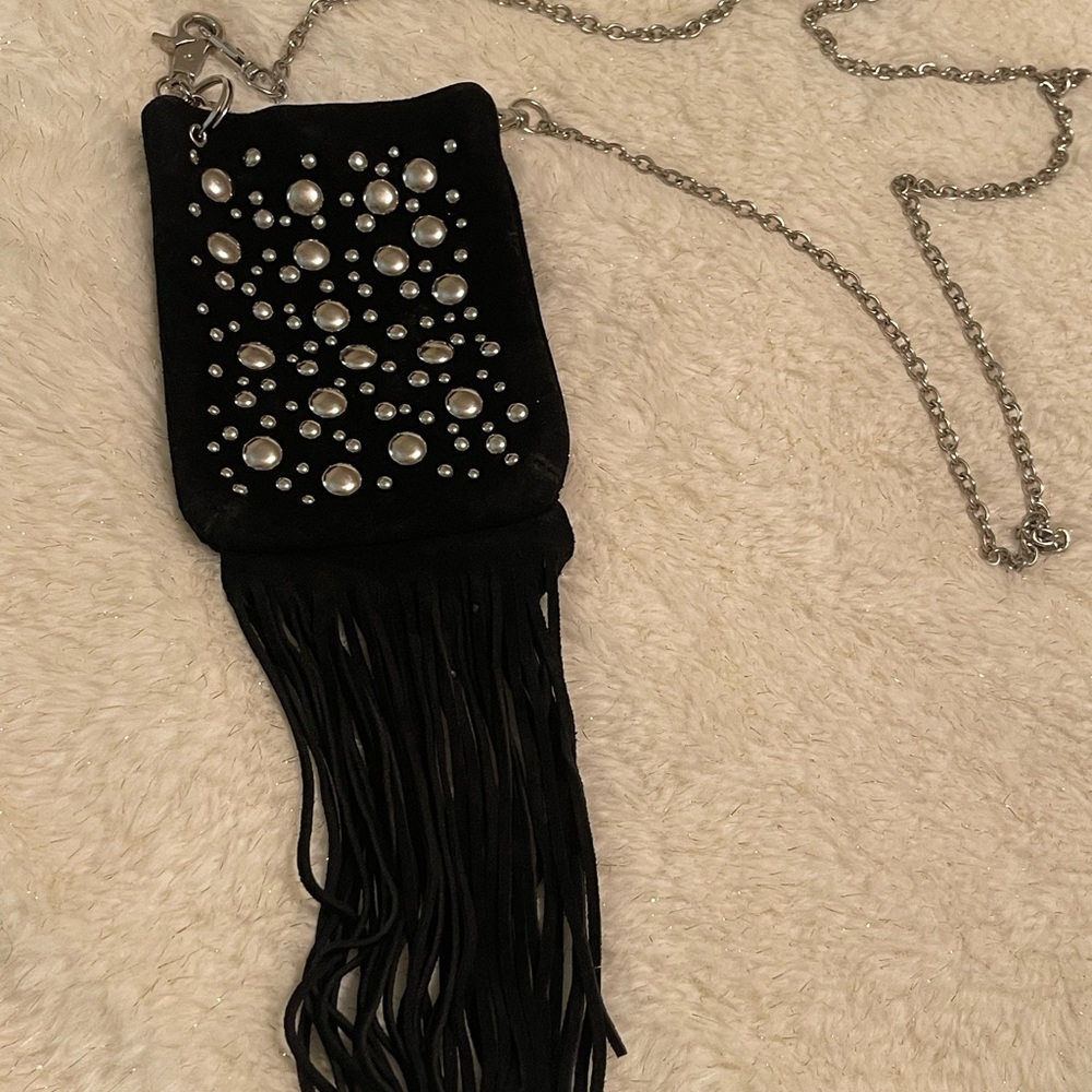 Leather Crossbody, with silver, studs and long chain in excellent condition